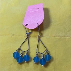 Silver-Tone Triangle Drop Earrings with Teal Blue Beads